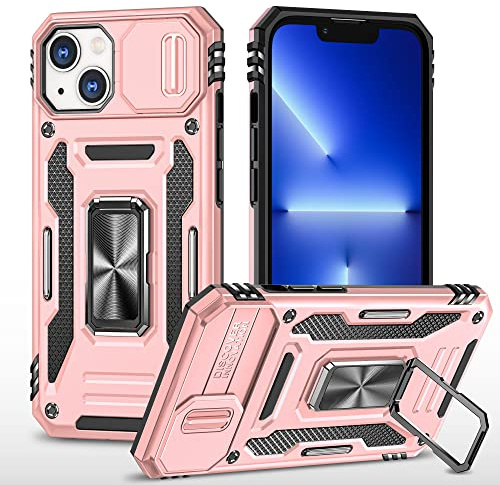 Cover Compatibile con iPhone 13 Mini 5.4,Protezione Fotocamera Slidable Custodia Antiurto Case Anello Supporto Silicone Custodie,Oro rosa