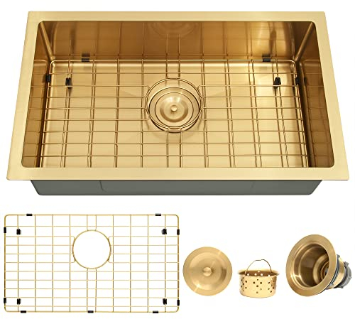 MILOSEN Goldfarbene RV-Küchenspüle, kleine Einzelbecken, Außenspülen, 63,5 x 38,1 cm, Edelstahl-Unterbau-Wohnmobil-Spüle mit goldfarbenem Korbsieb