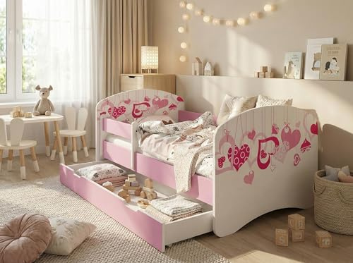 Happy Babies Kinderbett Kinderbett mit Rausfallschutz und Bettschublade Bett für Mädchen 160x80 mit Matratze 80 x 160 Weiß Rose Bett Prinzessin