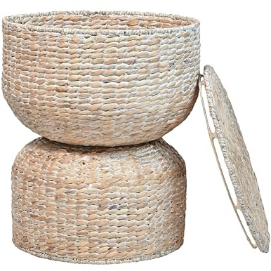 happimess SAT1000C Bhola 18 Hourglass Handwoven Hyacinth Storage Accent Table with Lid for Storage and Decoration in Bedroom, Living Room, Kitchen, Dining Room, Entryway, Guestroom, White Wash