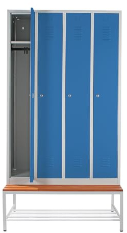 Schrank & Stuhl Spind – Metallspind mit 4 Abteilen und Sitzbank mit Schuhrost - 30 cm Abteilbreite, 220 x 117 x 80 cm, Schließfachschrank mit Hutboden & Zylinderschlössern, Grau/Lichtblau