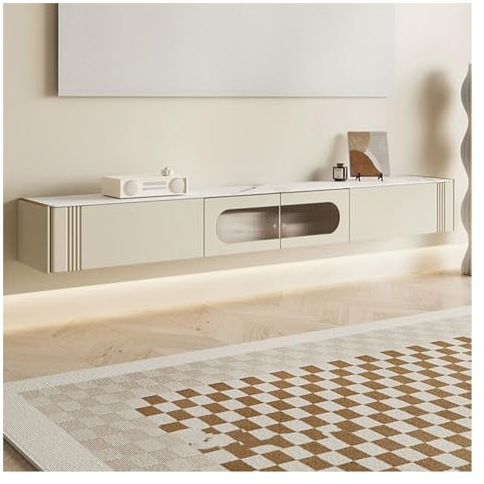 WAOCEO Hängend TV Board Moderner schwebender TV-Schrank mit Tür und 2 Schubladen, schmaler TV-Ständer, wandmontierter schwebender Ständer for Fernseher, 78,7 Zoll, Cremeweiß TV Hängend Hängeschrank
