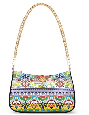 Mnsruu Sac à bandoulière en chaîne pour femme - Motif floral traditionnel mexicain - Petit sac à bandoulière avec fermeture éclair, A615, 18 x 28 x 7 cm