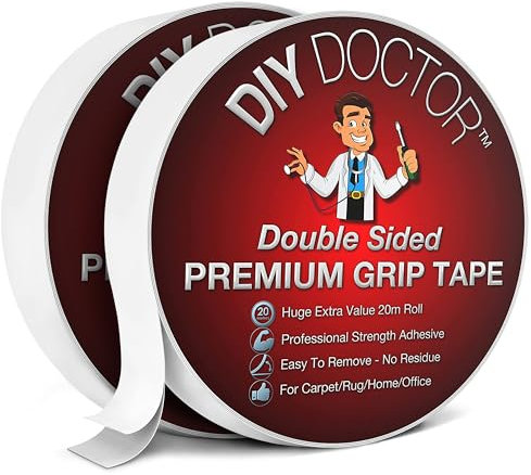 DIY Doctor Double Sided Carpet Tape Heavy Duty, 2 Pack (20 Meters x 21mm), No Residue Extra Strong Sticky Rug Grip Tape, Carpet Grippers for Rugs