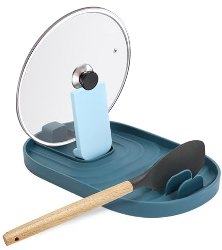 Topfdeckelhalter Kochlöffelablage Multifunktionaler Küchenutensilienablage Löffelhalter Deckelhalter Küche Topfdeckel und Löffelablage Tropfablage zur Vermeidung von Tropfflecken, Kunststoff Blau