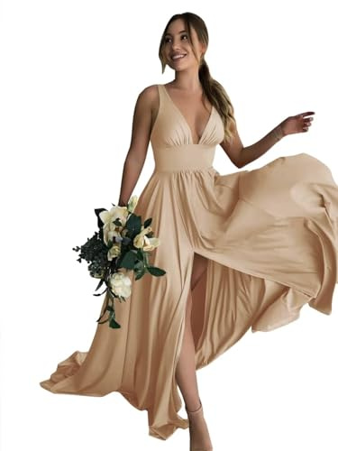 BABYONLINE D.R.E.S.S. Abito da sera da cocktail, da donna, stile classico, lungo in vita, con scollo a V, con spacco, oro, 38