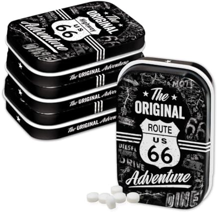 Nostalgic-Art Retro Pillendose, 4 x 6 x 1,6 cm, Highway 66 The Original Adventure (4er-Set) – Geschenk-Idee für USA Fans, mit Pfefferminz-Dragees, Vintage Design