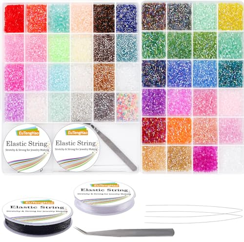 EuTengHao 16800pcs Rohr Perlen Kit Glas Bugle Seed Perlen kleine Handwerk Perlen für DIY Basteln Schmuck machen liefert (3mm, 350 pro Farbe, 48 Farben)