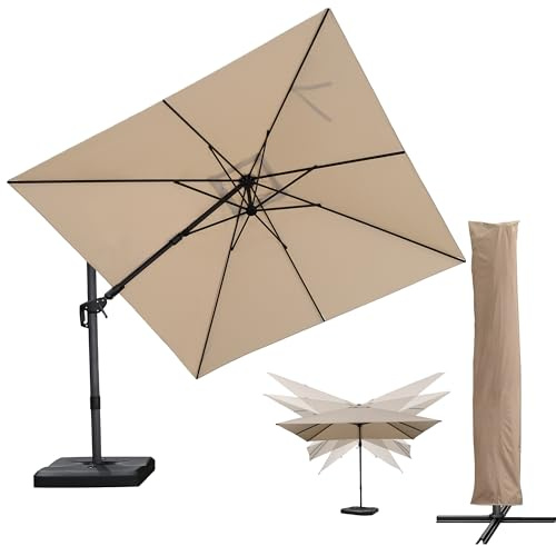 PURPLE LEAF Parasol Déporté 3 x 3 m Inclinable dans les 2 sens, Parasol de Jardin Extérieur Inclus Pied en Croix et Housse de Protection, Toile 240 g/m2 avec Protection UV, Beige