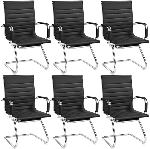Yaheetech Set 6 Sedie Ufficio Cantilever Senza Ruote per Ospiti Visitatori Riunioni Conferenza Ergonomiche in Pelle Sintetica con Schienale e Braccioli Nero