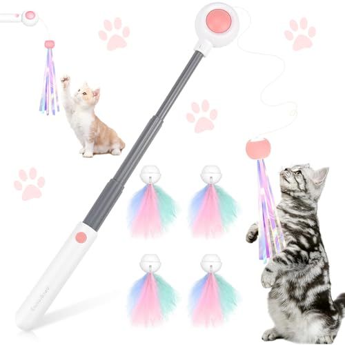 Zeaying 5 Stück Katzenspielzeug, Katzenangel Stabil Kätzchen, Katzenangel Ausziehbar, Federspielzeug für Katzen, Kätzchen Zauberstab Cat Toys mit Federn für Kleine Große Katzen
