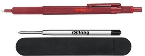 rOtring 600 Ballpoint Pen | Medium Point | Black Ink | Red Barrel | Refillable + Velvet Pen Case + additional Black Ink Refill