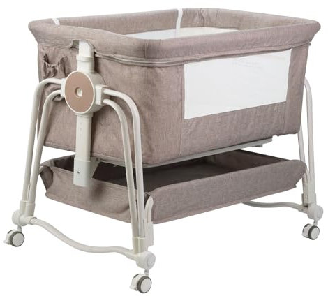 suihuooo 4 In 1 Beistellbett Baby, Reisebett Baby, Babybett 7 Fach höhenverstellbar mit Aufbewahrungskorb & Tragetasche, Licht Kinderbett mit Rollen, Matratze und Moskitonetz（Khaki）