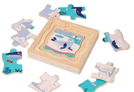 AdamToys - Steckpuzzle Holz ab 1 Jahr - Holzpuzzle für Kinder - Schichtenpuzzle mit Motiv Arktische Tiere - Lernspielzeug für Mädchen, Jungen - Förderung der Fantasie und Geschicklichkeit