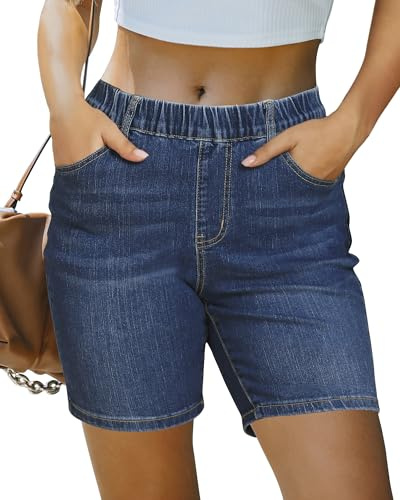 luvamia Jean Shorts for Women Trendy Pull On Mid Rise Elastic Waist Summer Casual Stretchy Long Denim Walking Shorts Indigo Dark Blue Size X-Large Fits US 16-18