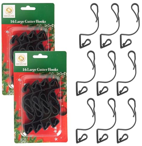 32Pcs Giant Black Gutter Hooks for Outdoor Hanging Christmas String Lights, Rope Lights Decorations –UV-Protected, Weatherproof, Reusable Clips