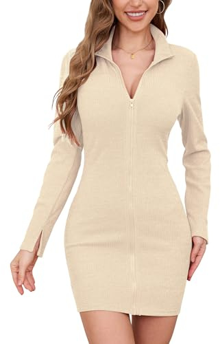 Colisha Women Jumper Dress Casual Long Sleeve Full Zip Up Bodycon Mini Dress Winter Slim Fit Knitted Sweater Dresses#2 Beige L