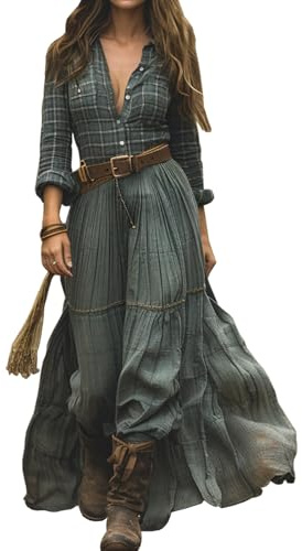 Verde,M,Vestido Camisero Maxi A Cuadros para Mujer, Vestido Largo Estilo Western Vintage De Los Años 70, De Manga Larga, con Escote En V, Vestido Informal De Otoño con Empalmes
