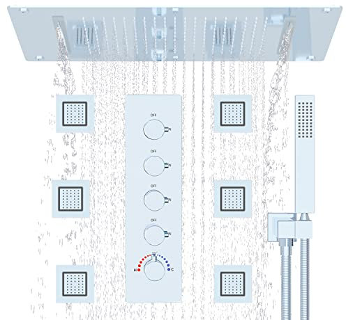 Shower Head Handbrause, 14,96 x 27,56 Zoll, multifunktionales Decken-Regenduschsystem + 5 Griffe, raues Duschventil + 6 große Duschdüsen (Duschkopf mit 2 Einstellungen, Chrom) Shower
