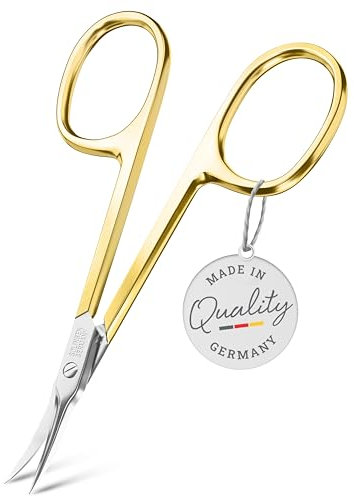 TITANIA Forbicine per Cuticole Solingen con Punta Extra-Sottile e Curva (Placcata in Oro, 9,5 cm) • Forbici Cuticole Solingen • Forbici Professionali in Acciaio al Carbonio • Made in Germany