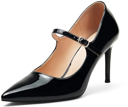GENSHUO Mary Jane pumps dam 8 cm stilettklack spets tår lackläder elegant bekväm för kontor fest vintage design, svart, 42 EU