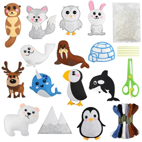 KFETFE Nähset Nähen DIY Tierformen Filz Nähset für Kinder, Filztiere Nähset Kinder ab 6 jahre, Filznähset Animals Sewing Kit, DIY Handwerker Set(Polartier)