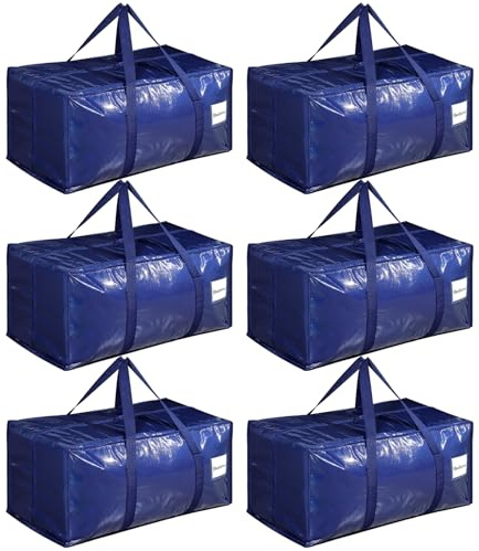 Dntorx 6 Pack Moving Bags with L Zip, 90L Heavy Duty Storage Totes, Blue | L-Shaped Zip, Strong Handles, Pp Woven Material, Waterproof, Foldable, Ideal For Moving, Dorms And Storage