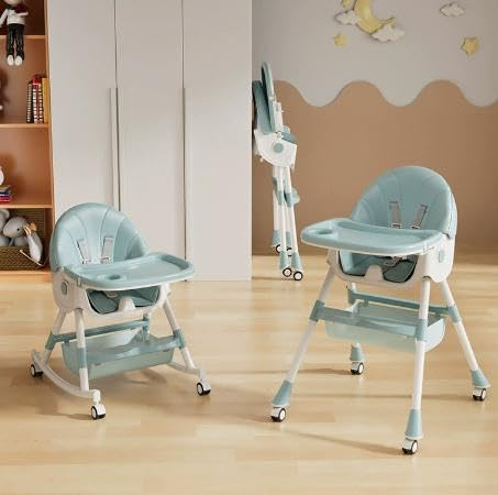 Homewell 4in1 Hochstuhl Klappbar, Baby Kinder Babyhochstuhl Kombihochstuhl mit Sicherheitsgurt und Korb ab 6 Monaten Höhenverstellbares, PU Leder Kissen (Blau, 4in1)