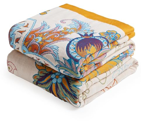 VANJOROY Stor pläd i 100 % ekologisk bomull, sängöverkast, mjuk hudvänlig dubbelsidig boho-blommig pläd för 2-sits- och 3-sitssoffa, överkast 230 x 250 cm – beige vit.