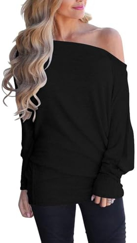 Mcnlyce Off the Shoulder Tops for Women Long Sleeve Batwing Fall Shirts Casual Sweaters Trendy Loose Black L