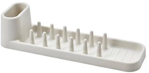 Compact Dish Drying Rack with Cutlery Holder - Stackable Dish Drainer for Plates, Glasses & Mugs - 48cm Small Plastic Dish Rack for Kitchen Counter - Off White, Space Saving Design