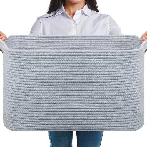 JOJOSEE Faltbarer Wäschekorb, 63L Aufbewahrungskorb Grau | Geflochten Aufbewahrungskorb mit Henkel, Laundry Baskets aus Baumwolle, Ideal für Decken, Kleidung, Kuscheltier, Spielzeug