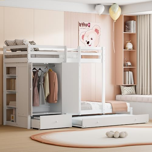 Litera de madera maciza con cama nido, cajones, armario y estante, cama de madera multifuncional para dormitorio y habitación de invitados
