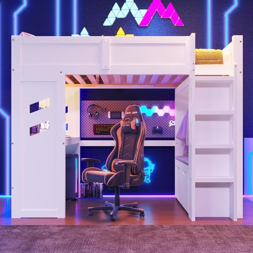 NovaFurnish Hochbett, 90x200cmGaming, Bett mit Schreibtisch, Mit LED-Leuchten, 1 USB-Anschlüssen, 1 Typ-C ausgestattet, Leiter, Schreibtisch,Schublade, Wäscheständer, Ohne Matratze, Weiß