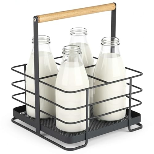 ADEPTNA Black Mesh Metal Milk Bottle Holder – 4 Pint Bottle Carrier | Rust-Resistant Iron Milk Crate with Wooden Handle | Vintage Style Milk Caddy for Doorstep & Kitchen Storage, Weatherproof