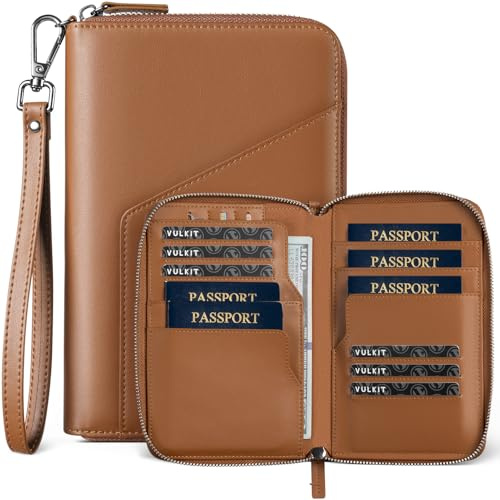 VULKIT Leder Reisepass-Halter – Familien-Reisedokumenten-Organizer mit RFID-Blocking – Slim Reisebörse mit Mehreren Passfächern, SIM-Kartenfach & Mehrfach-Kartenhaltern für Herren (Braun)