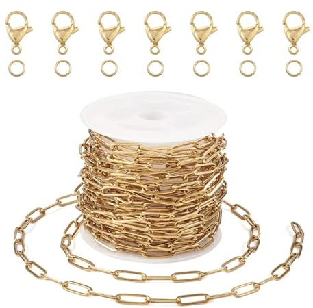 5 m strukturierte Büroklammerketten aus Edelstahl, Verschlüsse, Biegeringe, Kettenarmband-Halsketten-Herstellungsset for DIY-Schmuckhandwerksfunde(Golden)