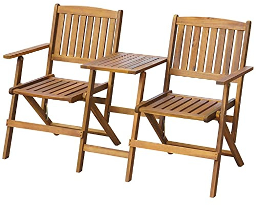 Hoopleep Gartenbank Klappbar mit Teetisch 140 cm, Massivholz Akazie Braun, Robuste Sitzbank für 2 Personen, Ideal für Terrasse und Außenbereich, Platzsparendes Design