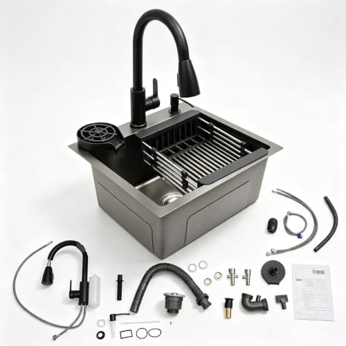 45 x 40 Fregadero de cocina pequeño negro de acero inoxidable multifunción moderno de acero inoxidable rectangular con orificio para grifo desagüe tapón, sifón, colador de verduras, dispensador de