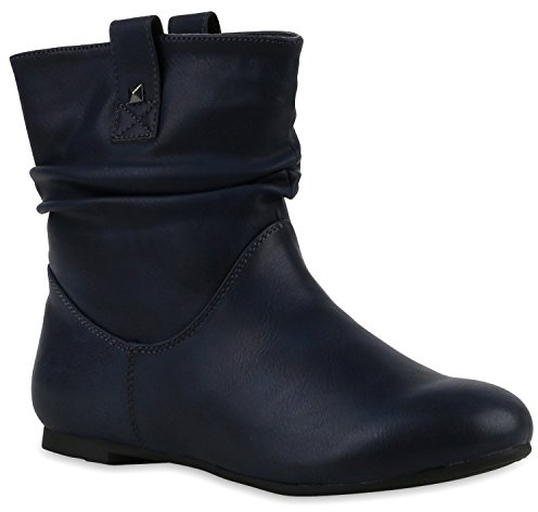 Stiefeletten Damen Schlupfstiefel Stiefel Flach Boots Nieten Leder-Optik Schlupfstiefeletten Schuhe 120940 Dunkelblau 40 Flandell