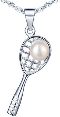 Yumilok Anhänger Halskette aus 925er Silber und Perle Tennisschläger, sportlicher Stil, für Damen und Mädchen, Farbe Silber, Sterling Silber, Perle