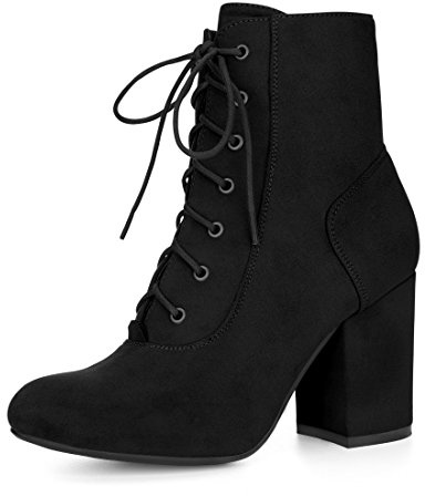Allegra K Women Round Toe Chunky High Heel Lace Up Black Booties 7 M US