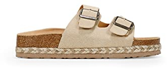 BOSANOVA Sandali bio stile pala composte da due strisce con fibbie regolabili al collo del piede e suola in rafia bicolore. Senza chiusura. Scarpe da donna, beige, 38 EU
