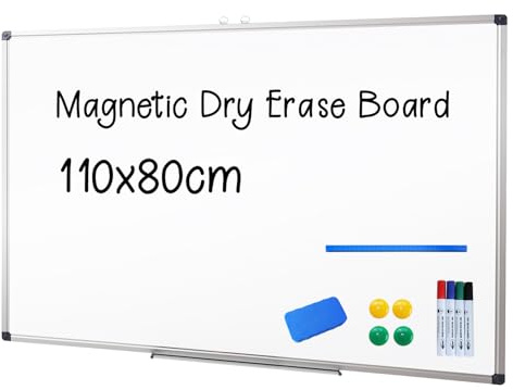 XIWODE Magnetische trocken abwischbare Whiteboard, Wandmontage, 110 x 80 cm, leichtes Whiteboard, abwischbares Board, silberfarbener Aluminiumrahmen mit lackierter Stahloberfläche