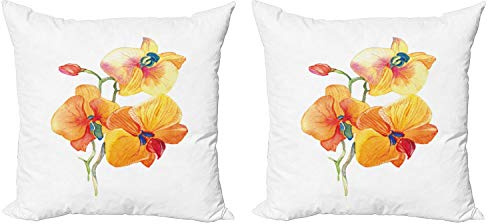 ABAKUHAUS Floreale Federe Cuscini Set di 2, Orchidea Petalo Selvaggio Esotico, Stampa Digitale Fronte-Retro con Accento Moderno, 60 cm x 60 cm, Rosso Giallo Marigold