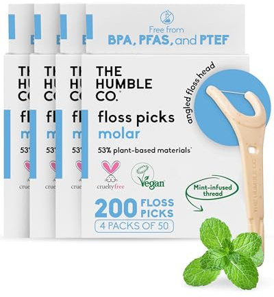 The Humble Co. Dental Floss Picks, Molar Angled Reach, Mint (200 Count)