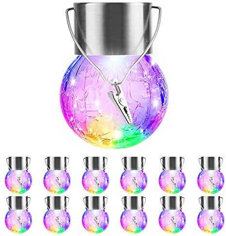12 Pack Hanging Solar Lights Outdoor Decorative, Waterproof Solar Globe Lantern with Handle and Clip, Solar Powered Cracked Glass Ball Lights for Garden Yard Patio, Fence Tree Umbrella, Holiday Decor
