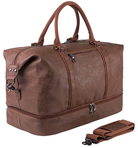 Travel Bag with Shoe Pouch,Weekender Overnight Bag Waterproof PU Leather Large Carry On Bag Travel Tote Duffel Bag for Men or Women,Brown