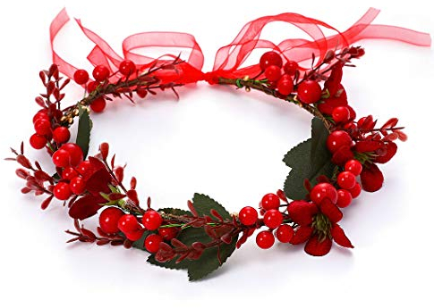 Unicra Weihnachtskrone, Stirnband, Blumengirlande, Stirnband, roter Haarkranz, Girlande, Weihnachts-Haarschmuck mit Band, Party, Festival, Geschenk für Frauen und Mädchen