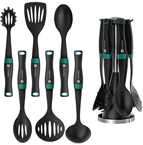 Linoroso Kochlöffel Set 6-teiliges Nylon Küchenhelfer Küchenutensilien Kochgeschirr Kochbesteck Kochutensilien Set mit Drehbarem Ständer und Innovativem Gewichtetem Griff - Schwarz & Pfauengrün